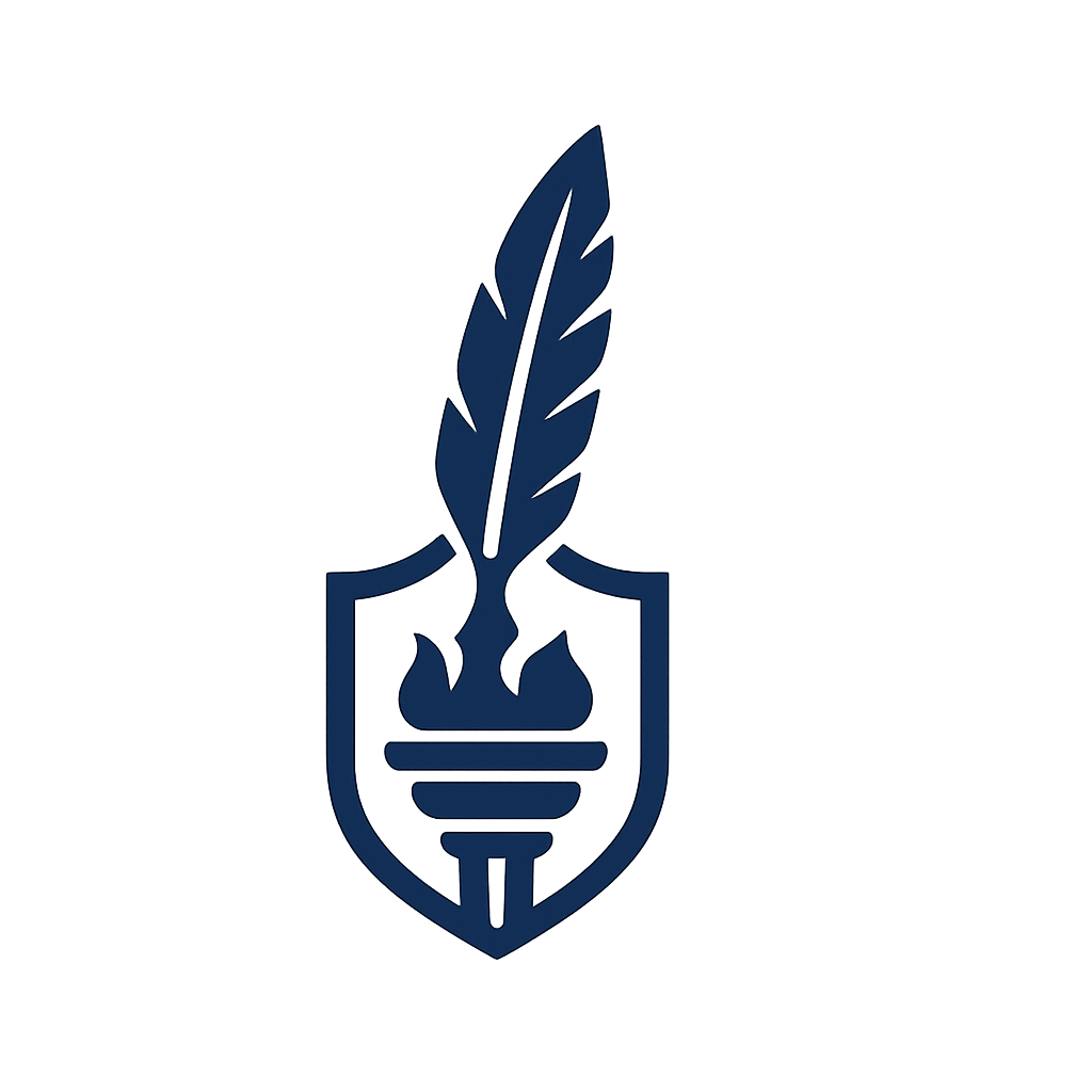 Logo Article0 avec bouclier, plume et torche – symbole de liberté, défense et droits de l’homme.s